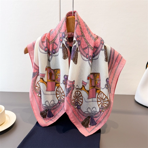 Retro Carriage Print Square Scarf Satin Like Polyester Herringbone Texture Fashion Neck Head Scarf For Women