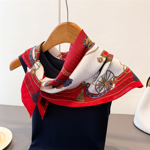 Retro Carriage Print Square Scarf Satin Like Polyester Herringbone Texture Fashion Neck Head Scarf For Women