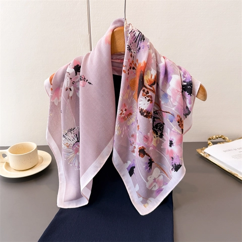 Floral Print Square Scarf Satin Like Polyester Herringbone Sun Protection Neck Wrap Headscarf For Women Vintage
