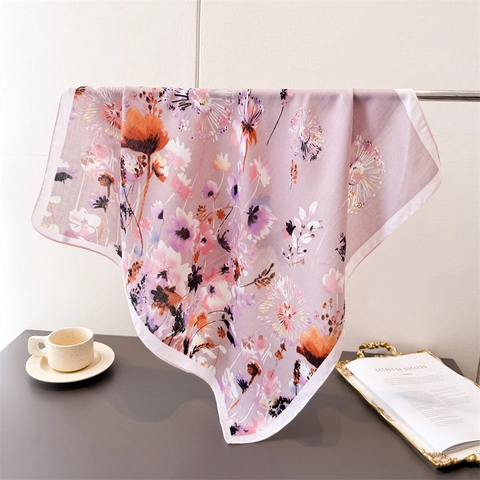 Floral Print Square Scarf Satin Like Polyester Herringbone Sun Protection Neck Wrap Headscarf For Women Vintage