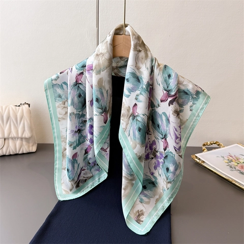 Elegant Floral Geometric Print Satin Square Scarf Soft Satin Silk Like Neck Scarf Headscarf Lightweight Shawl For Women Fashion Accessory