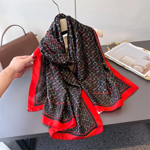 Écharpe De Mode Femme Imprimé Géométrique Chaîne Satin Soyeux Polyester Châle Bordure Contrastée Enveloppement Élégant