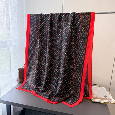 Écharpe De Mode Femme Imprimé Géométrique Chaîne Satin Soyeux Polyester Châle Bordure Contrastée Enveloppement Élégant