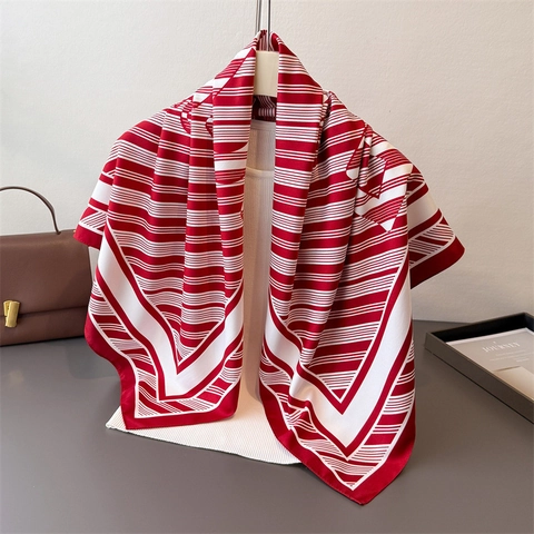 Foulard Quadrato A Righe Poliestere Effetto Raso Stampa Geometrica Elegante Scialle Vintage Accessorio Moda Donna