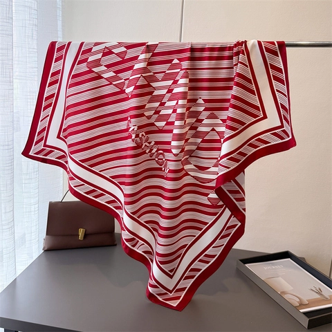 Foulard Quadrato A Righe Poliestere Effetto Raso Stampa Geometrica Elegante Scialle Vintage Accessorio Moda Donna
