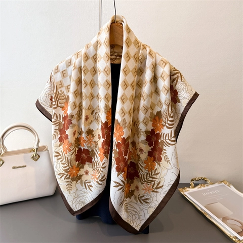 Sciarpa Quadrata Floreale Imitazione Raso Retro Stampata Scialle Moda Foulard Testa Motivo A Spina Di Pesce Per Donne Accessorio Elegante