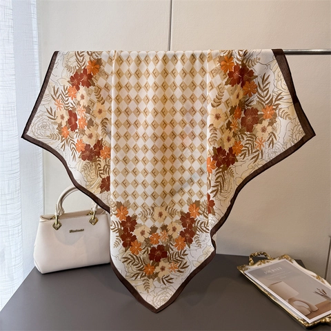 Sciarpa Quadrata Floreale Imitazione Raso Retro Stampata Scialle Moda Foulard Testa Motivo A Spina Di Pesce Per Donne Accessorio Elegante