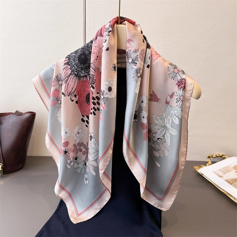 Women Elegant Square Scarf Imitation Satin Satin Floral Daisy Print Neck Wrap Headband Lightweight Fashion Accessory