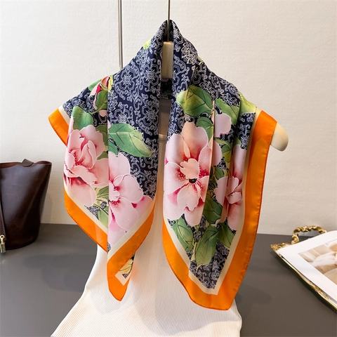 Women Elegant Peony Print Satin Square Scarf Vintage Floral Head Wrap Neck Kerchief For Daily Party Commuting Fashion Accessories