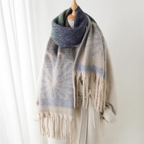 Retro Blumenmuster Künstlicher Kaschmir Schal Farbverlauf Warm Dick Pashmina Stola Mit Langen Fransen Damen Winter