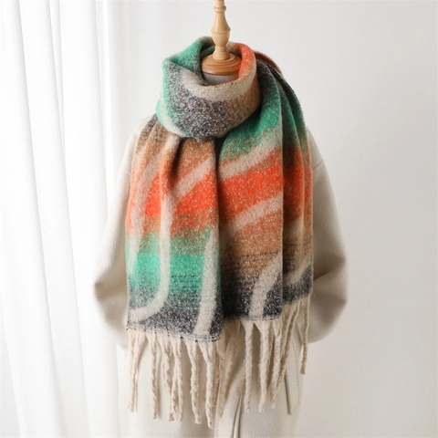 Winter Scarf Shawl Polyester Imitation Cashmere Rainbow Plaid Wavy Stripes Tassel Warm Elegant Fashionable