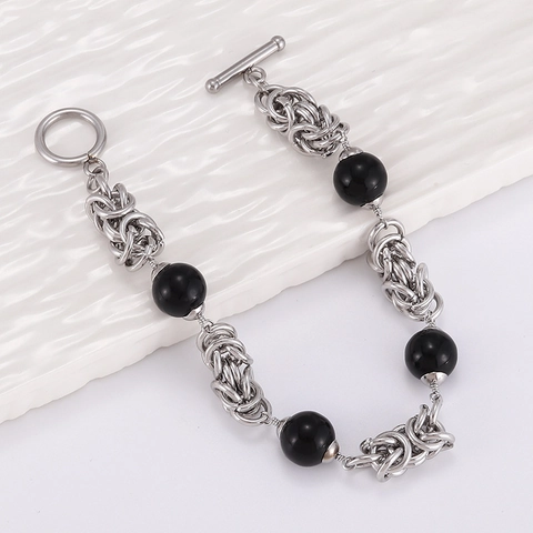 Bracciale A Catena Intrecciata Da Uomo Acciaio Inossidabile 304 Perle Di Ossidiana Nera Chiusura A T Gioielli Hip Hop