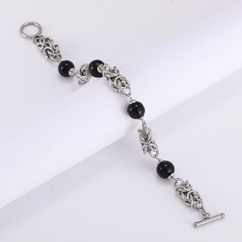 Bracciale A Catena Intrecciata Da Uomo Acciaio Inossidabile 304 Perle Di Ossidiana Nera Chiusura A T Gioielli Hip Hop