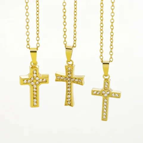 Collana Con Pendente A Croce Lucida Acciaio Inossidabile Con Zircone Intarsiato Gioielli Religiosi Eleganti Per Donne