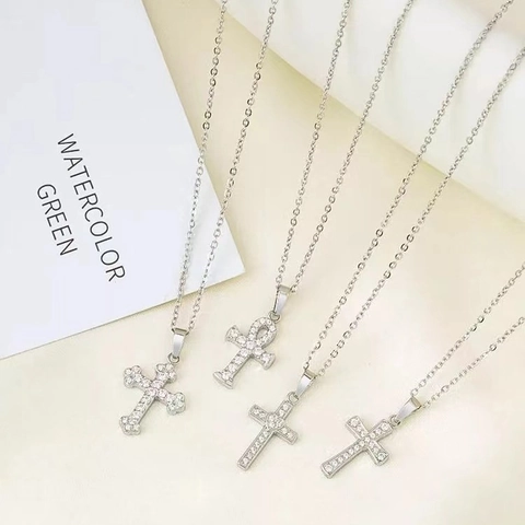 Collana Con Pendente A Croce Lucida Acciaio Inossidabile Con Zircone Intarsiato Gioielli Religiosi Eleganti Per Donne