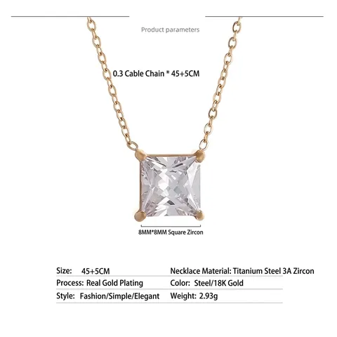 Minimalist Square Zircon Pendant Necklace 18K Gold Plated Stainless Steel Jewelry For Women Elegant Fashion Chain