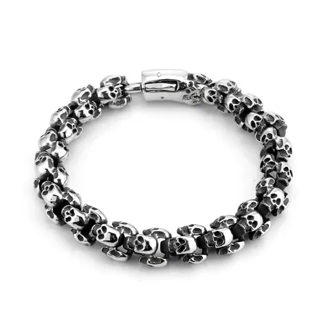 Vintage Stainless Steel Skull Head Bracelet Men Punk Gothic Style Oxidized Titanium Steel Link Chain Jewelry