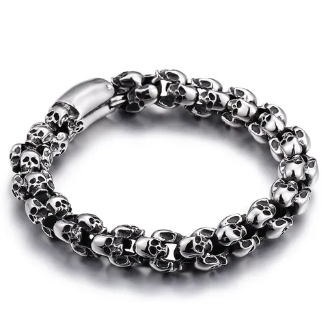 Vintage Stainless Steel Skull Head Bracelet Men Punk Gothic Style Oxidized Titanium Steel Link Chain Jewelry