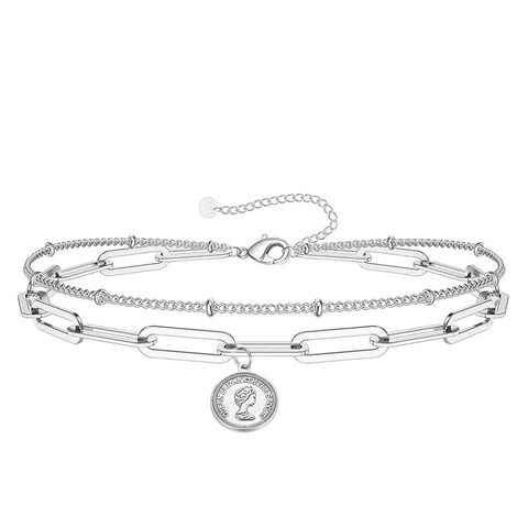 Bracciale Multistrato In Acciaio Inossidabile Da Donna Catena A Graffetta E Perline Ciondolo Moneta Gioiello Regolabile