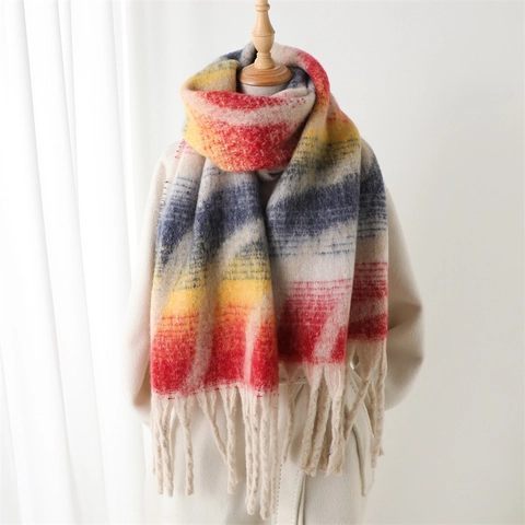 Winter Scarf Shawl Polyester Imitation Cashmere Rainbow Plaid Wavy Stripes Tassel Warm Elegant Fashionable