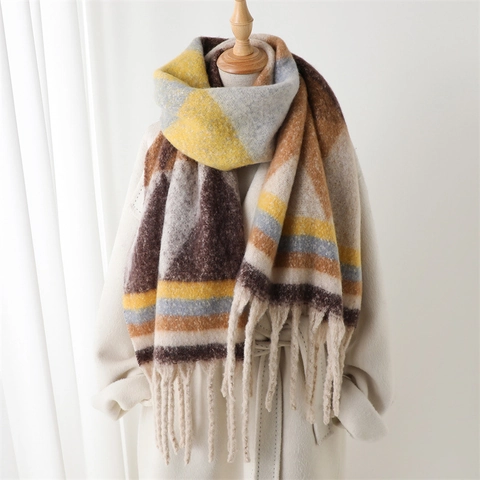 Sciarpa Geometrica Triangolo Blocchi Di Colore Imitazione Cashmere Grande Scialle Avvolgente Con Nappine Caldo Inverno