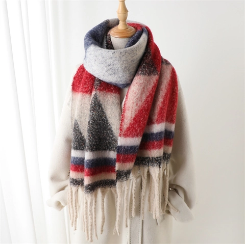 Sciarpa Geometrica Triangolo Blocchi Di Colore Imitazione Cashmere Grande Scialle Avvolgente Con Nappine Caldo Inverno