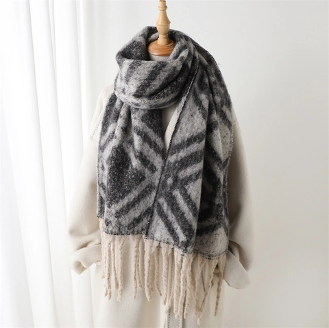 Winter Scarf Long Thick Polyester Imitation Cashmere Soft Warm Geometric Pattern With Tassels For Women Fashion