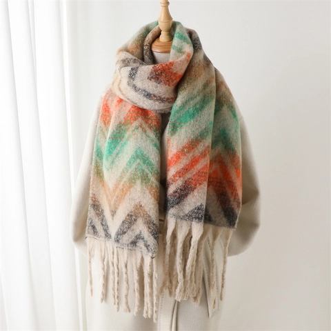 Farbenfroher Winter Schal Mit Zickzack Streifen Für Damen Dick Warm Kaschmir Imitat Tuch Mit Langen Quasten Eleganter Stil