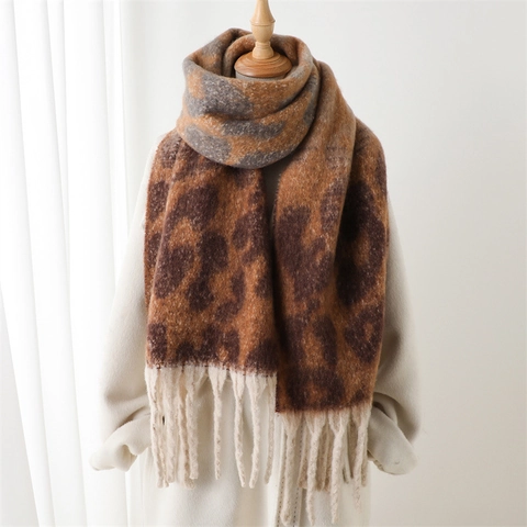 Damen Winterschal Mit Leopardenmuster Kunstkaschmir Langer Schal Farbverlauf Warm Dick Einwickeln Mit Fransen Modeaccessoire