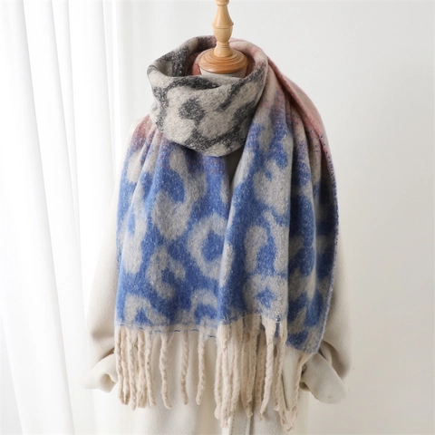 Damen Winterschal Mit Leopardenmuster Kunstkaschmir Langer Schal Farbverlauf Warm Dick Einwickeln Mit Fransen Modeaccessoire
