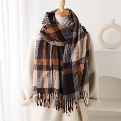 Women Winter Scarf Imitation Cashmere Plaid Checked Thick Warm Shawl Wrap With Tassels Classic Elegant Versatile Accessories