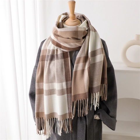 Women Winter Scarf Imitation Cashmere Plaid Checked Thick Warm Shawl Wrap With Tassels Classic Elegant Versatile Accessories