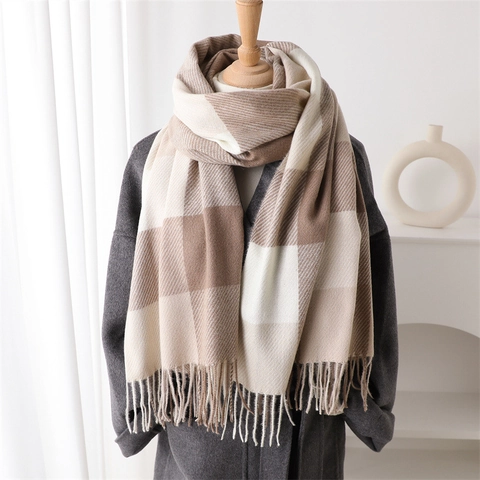 Sciarpa Scialle A Quadri Da Donna Imitazione Cashmere Caldo Inverno Nappe Frangia Coreano Minimalista Morbido Versatile