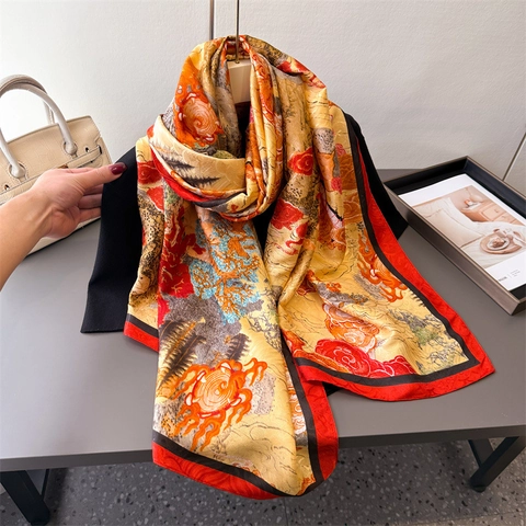 Chinese Style Floral Print Large Satin Scarf Elegant Satin Texture Sun Protection Shawl For Women Lightweight Wrap