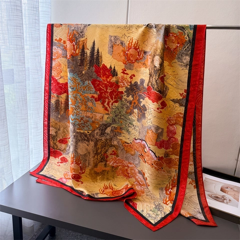 Chinese Style Floral Print Large Satin Scarf Elegant Satin Texture Sun Protection Shawl For Women Lightweight Wrap