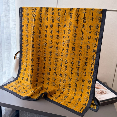 Écharpe Longue Imprimé Calligraphie Rétro Châle Polyester Toucher Satin Léger Protection Solaire Femme
