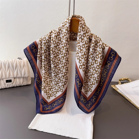 Vintage Horsebit Chain Print Square Scarf Satiny Satin Texture Sun Protection Neckwear For Women