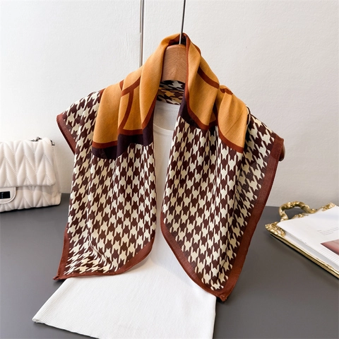 Square Scarf Houndstooth Camellia Floral Polyester Faux Satin Retro French Elegant Hair Tie Neck Wrap Women Accessory