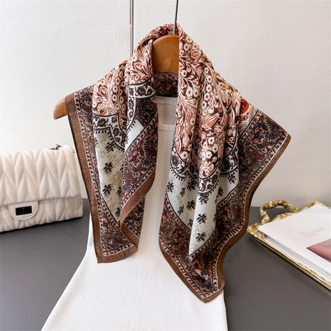 Women Vintage Paisley Floral Printed Polyester Satin Square Scarf French Retro Bandana Neck Scarf Shawl Accessory