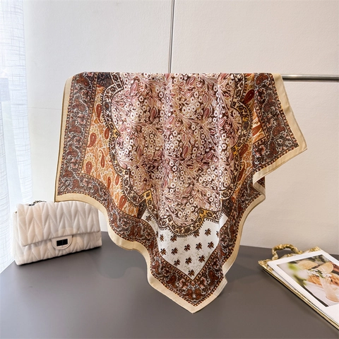 Women Vintage Paisley Floral Printed Polyester Satin Square Scarf French Retro Bandana Neck Scarf Shawl Accessory