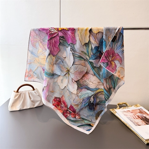 Foulard Carré En Polyester Aspect Satin Imprimé Floral Et Motif Carrosse Tissage Chevrons Élégant Tour De Cou Pour Femme