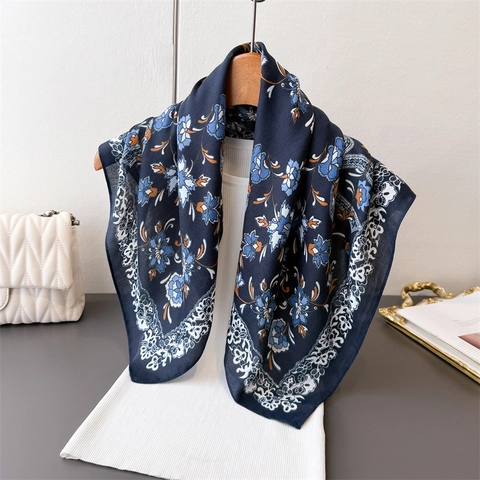 Vintage Floral Print Square Scarf Satin-Like Polyester Bandana With Lace Pattern Border Elegant Retro Women Neck Wrap