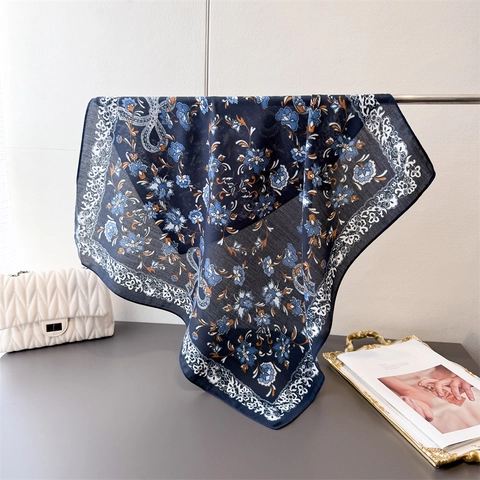 Vintage Floral Print Square Scarf Satin-Like Polyester Bandana With Lace Pattern Border Elegant Retro Women Neck Wrap