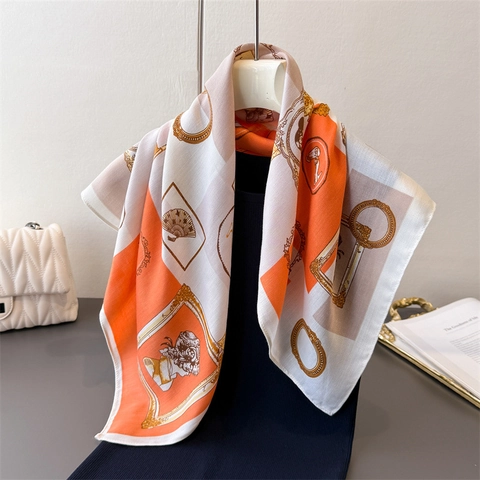 Foulard Quadrato in Satin Vintage Francese Donna Elegante Stampa Catena Equestre Bandana Copricapo Sciarpa da Collo Accessorio