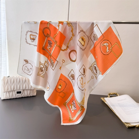 Foulard Quadrato in Satin Vintage Francese Donna Elegante Stampa Catena Equestre Bandana Copricapo Sciarpa da Collo Accessorio