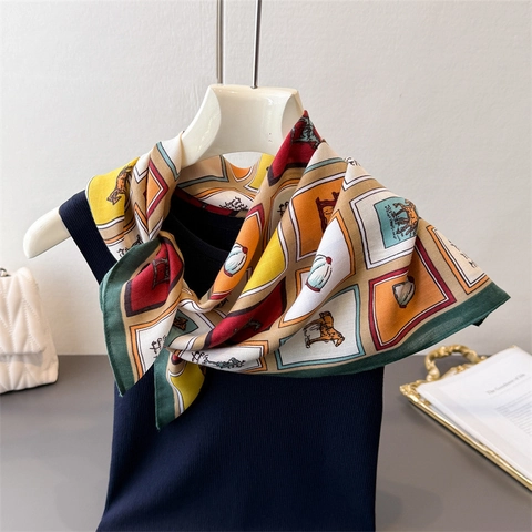 Foulard Quadrato Vintage Donna Raso Effetto Raso Bandana Collo Stampa Equestre Cavallo Geometrico Elegante Retrò