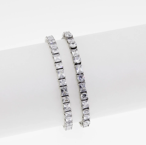 Bracciale Tennis Acciaio Titanio Zircone Taglio Baguette E Rotondo Ipoallergenico Accessorio Moda Lusso Donna Uomo