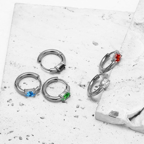 Minimalist Stainless Steel Hoop Earrings With Oval Colorful Zirconia Inlay Fashion French Style Niche Jewelry For Women