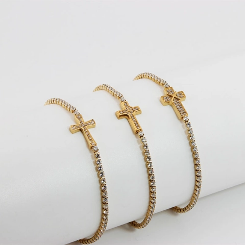 Luxury Cross Zircon Bracelet For Women Stainless Steel Gold Plated Tennis Chain Fashion Religious Jewelry Adjustable Hand Chain