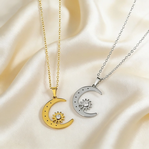 Collana Pendente Luna Crescente Stella Acciaio Titanio Zircone Gioiello Celeste Per Donna Elegante